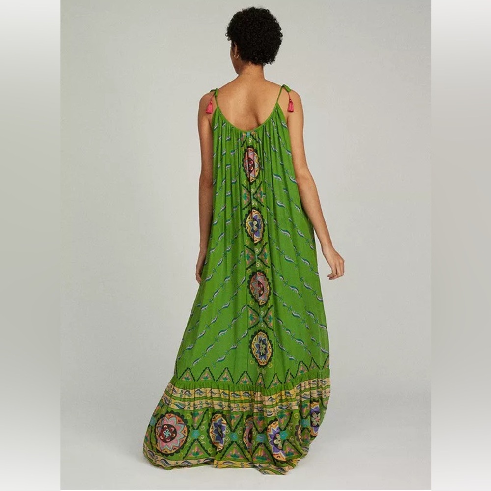 Saloni Edie Emerald Green Halo Print Tassel Tie Shoulder Silk Maxi Dress 0 NWT - Picture 3 of 13